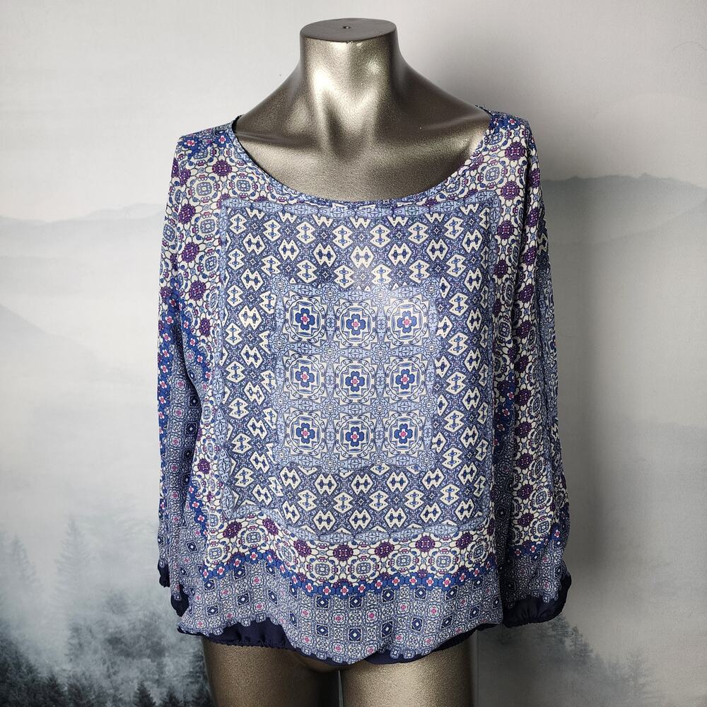 Dylan Semi-Sheer Scoop Neck Geometric Peasant Blouse | Women's Medium